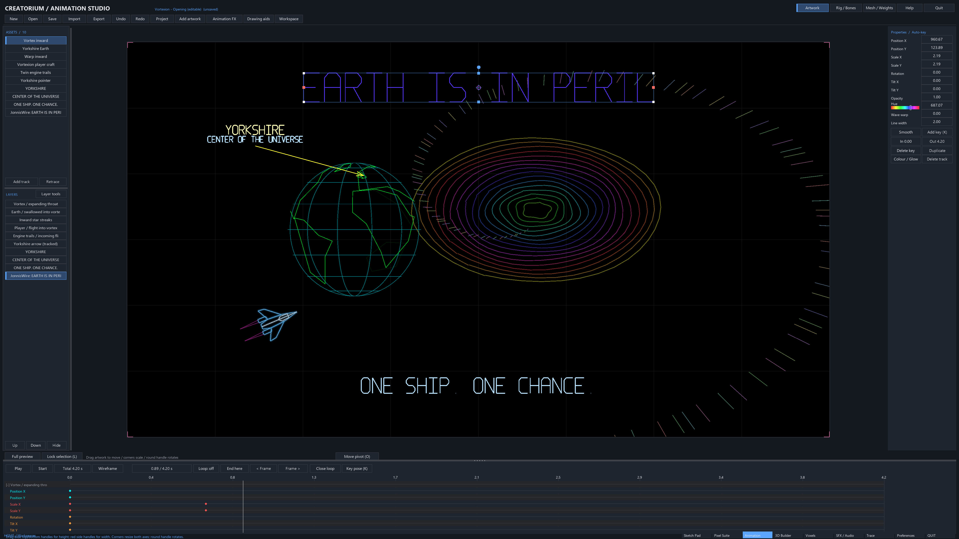 Creatorium Animation Studio with the Vortexion opening, wireframe Earth, ship, vortex and keyed timeline