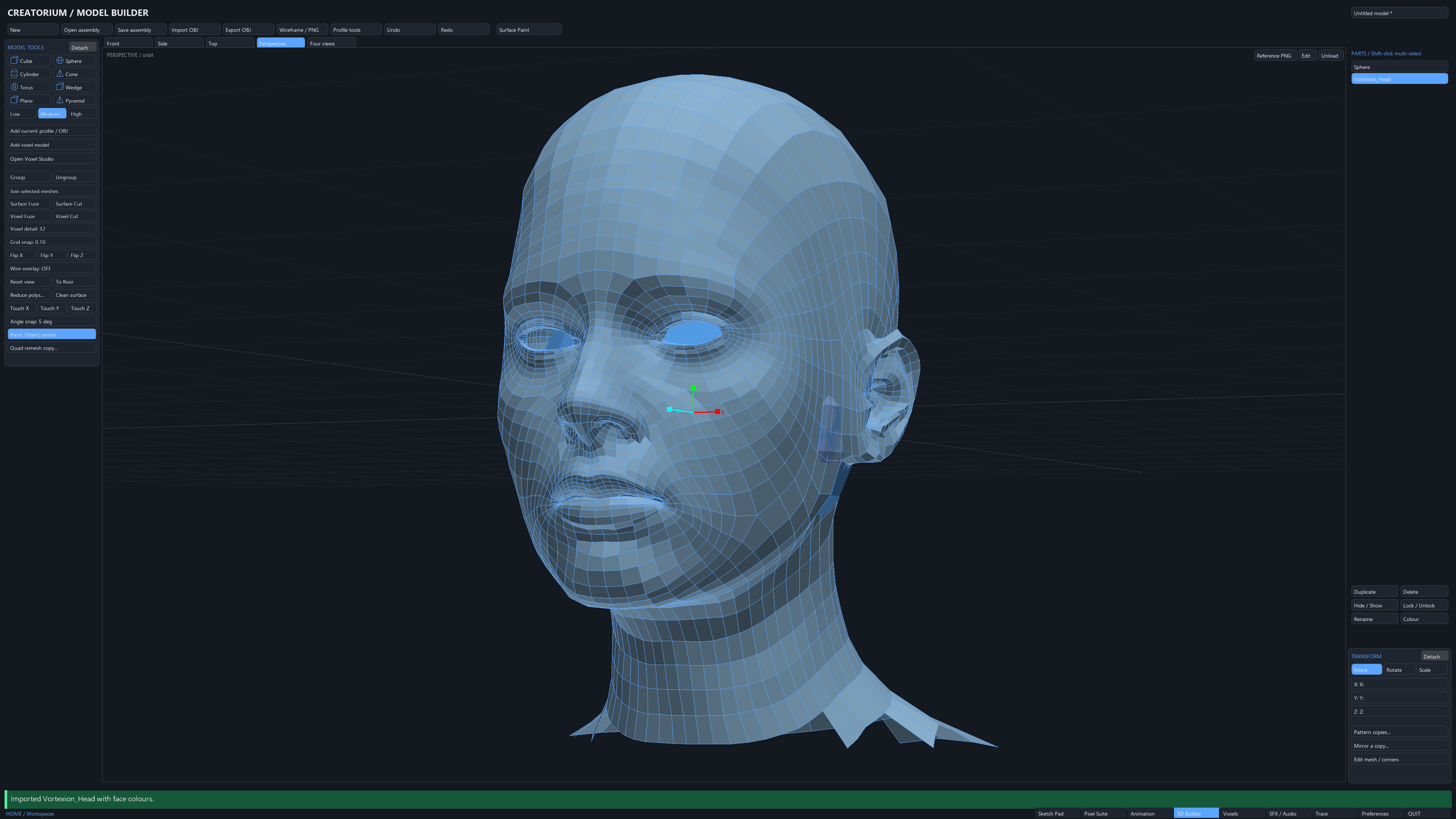 Creatorium Model Builder displaying the editable wire-overlay geometry of a human head