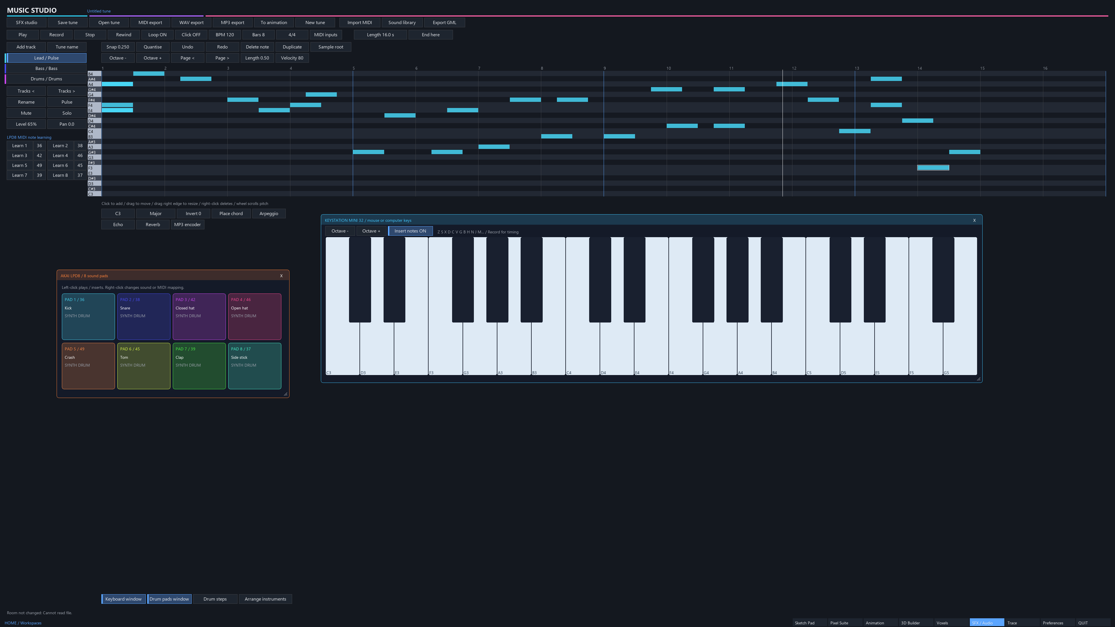 Creatorium Music Studio showing a piano-roll melody, lead, bass and drum tracks, an on-screen keyboard and drum pads