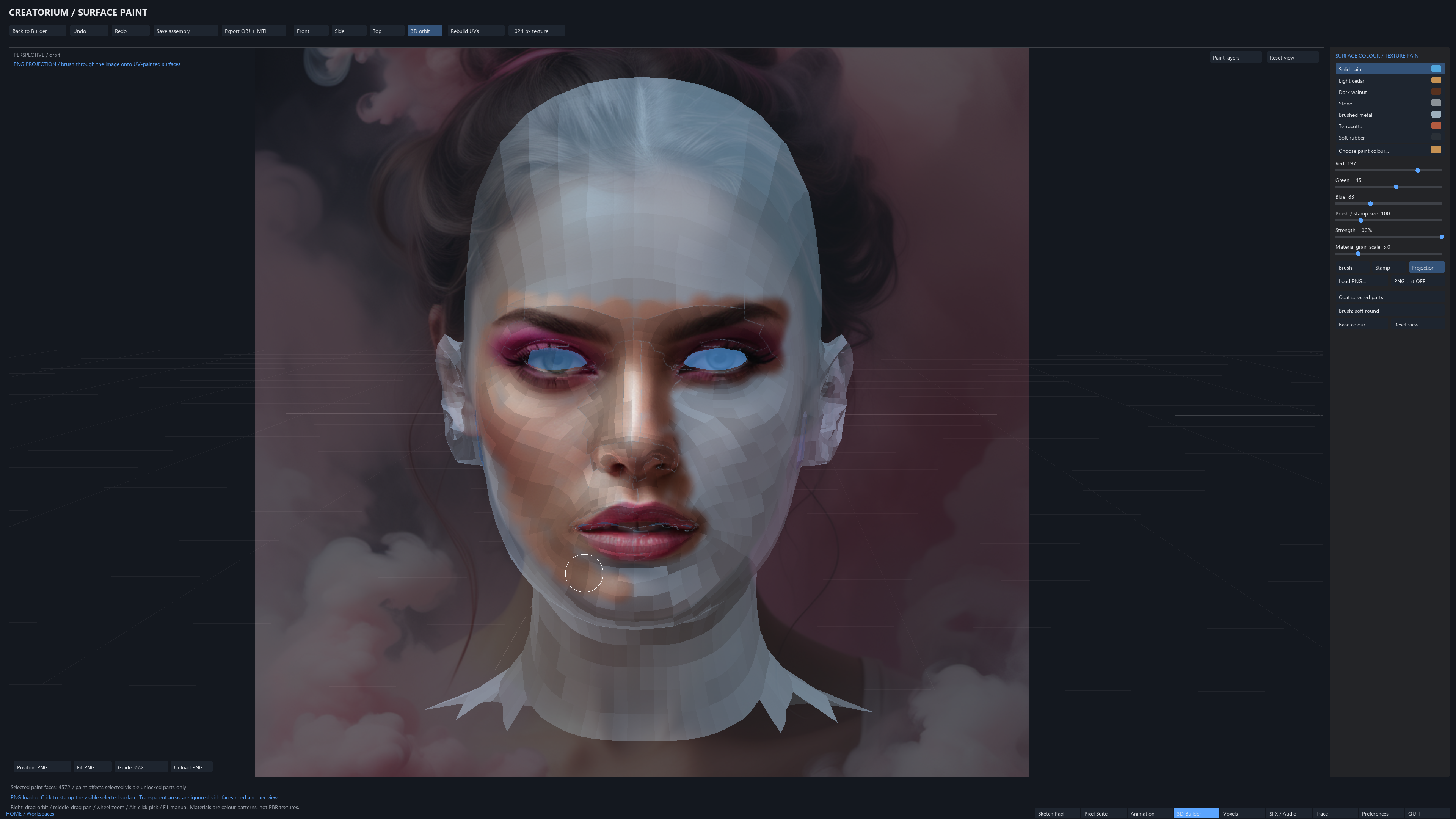 A face PNG positioned over a head model while painting the image onto the UV surface