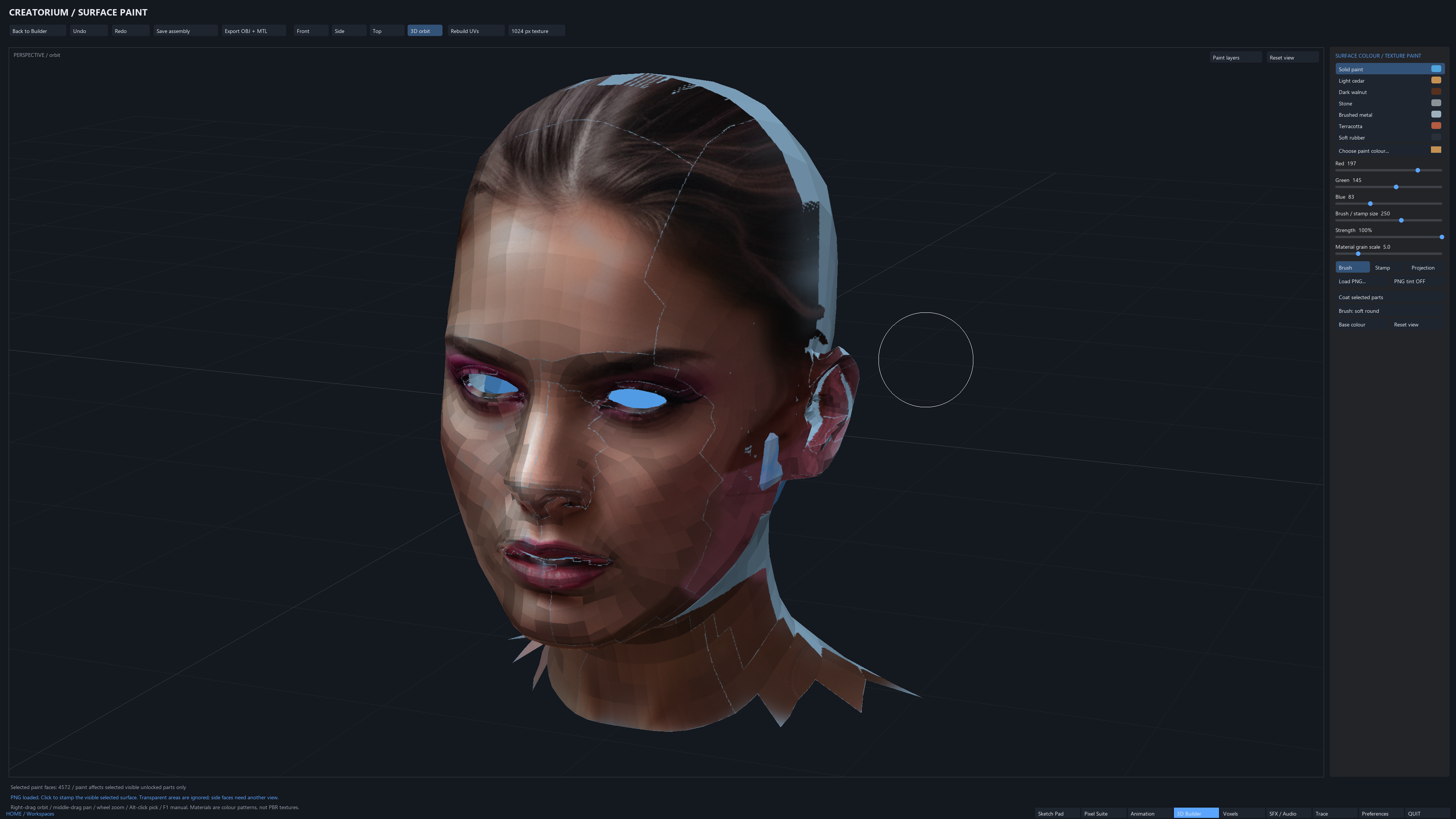 Creatorium Surface Paint showing a head model with a projected face texture and visible painted detail