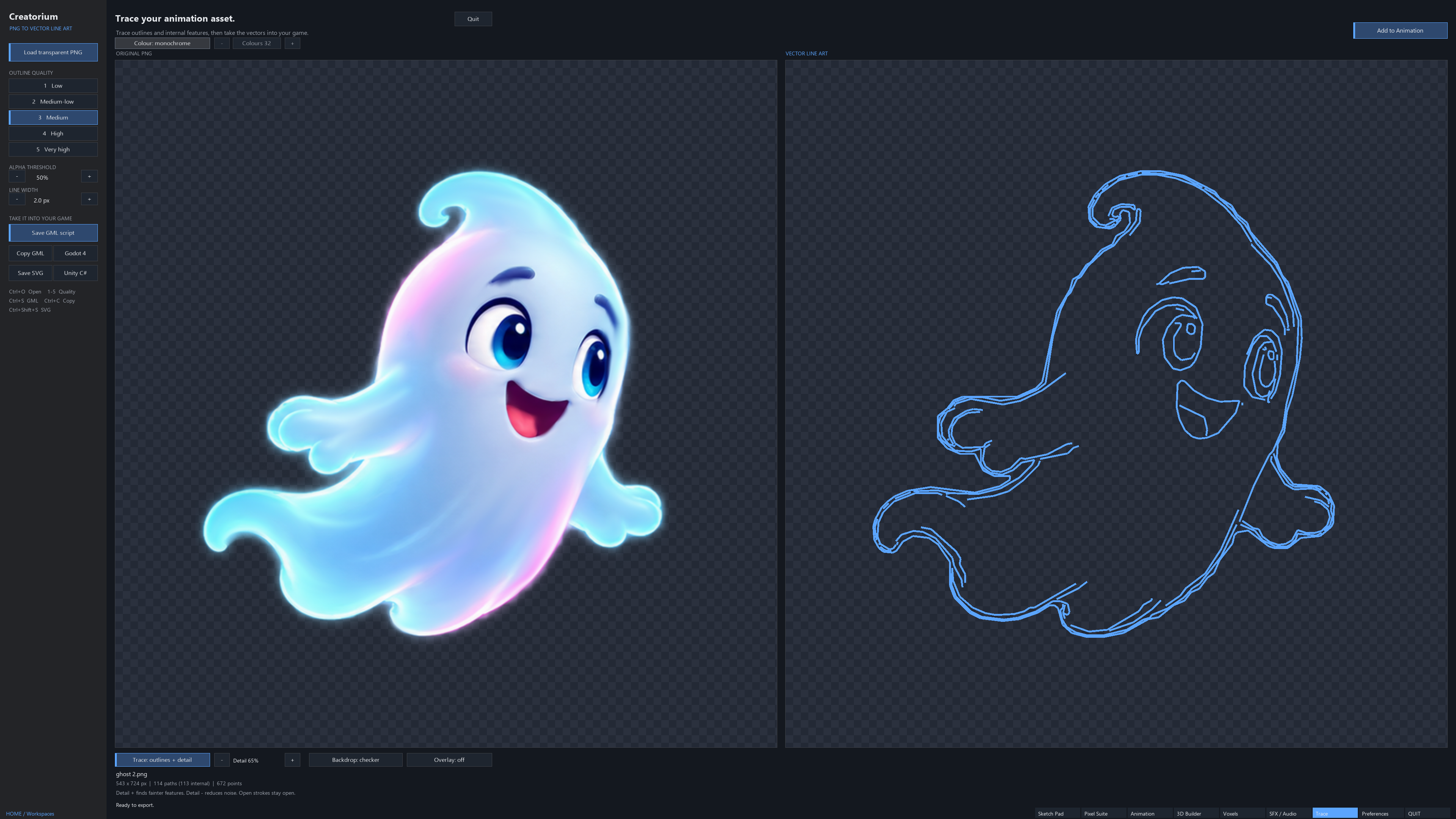 Creatorium Trace comparing the original blue ghost PNG with the generated vector wireframe outline and code export controls