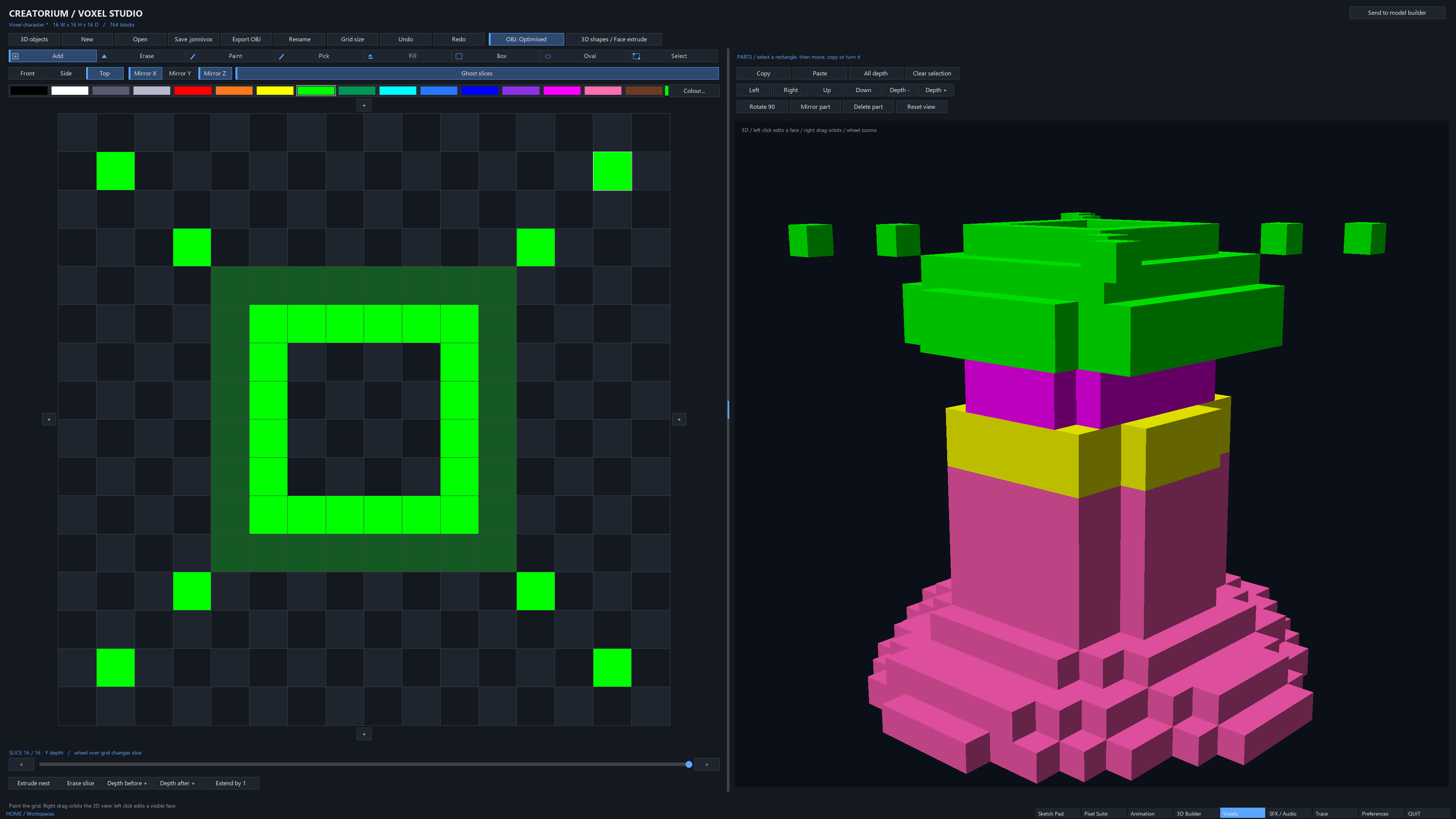 Creatorium Voxel Studio displaying a colourful block model beside its editable voxel slice grid